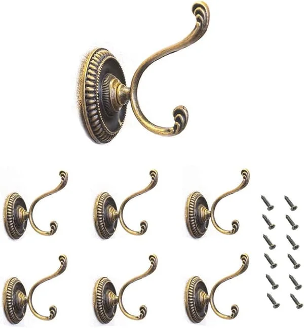 European Vintage Wall Mounted Hook Copper Alloy Coat Hanger for Bathroom Kitchen Metal Hat Hook Antique 6pcs