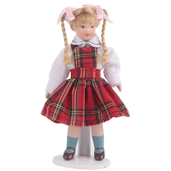 1:12 Nukkekodin nukke Pienoisposliini Pitkä letti Punainen mekko Tyttö Mini Lelu Nukkemalli Punainen