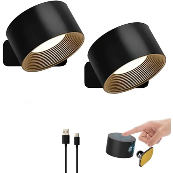 Svensk lampe, oppladbar vegglampe, LED vegglampe, for baderom, stue og kjøkken (2 stk, svart).