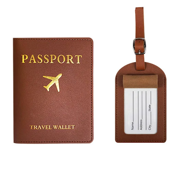 Black Passport Holder Luggage Tag Set - PU Leather Travel Wallet and ID Tag for Airport Security and Personal Travel Gear Brown Brown