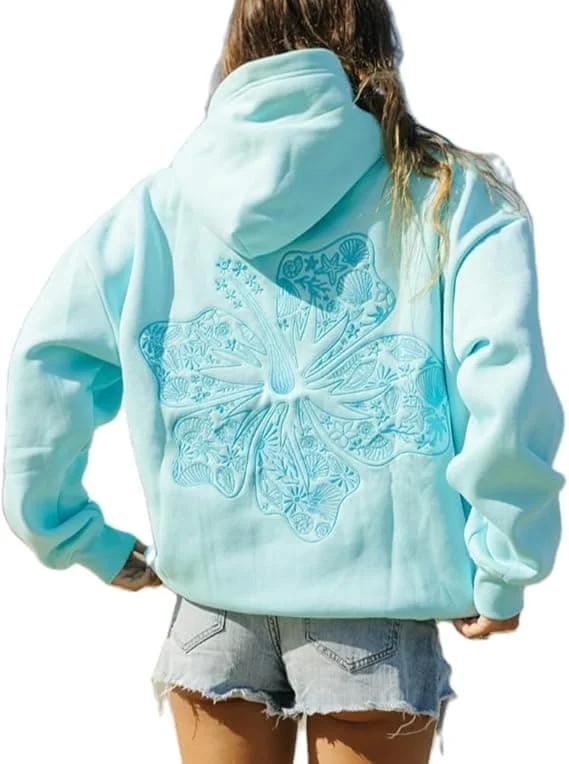Hot 2025 Palm Puff Oversized Hettegensere for Kvinner, Tenåringsjenter Preppy Genser Langermet Y2K Grafisk T-skjorte med Lommer Lyseblå