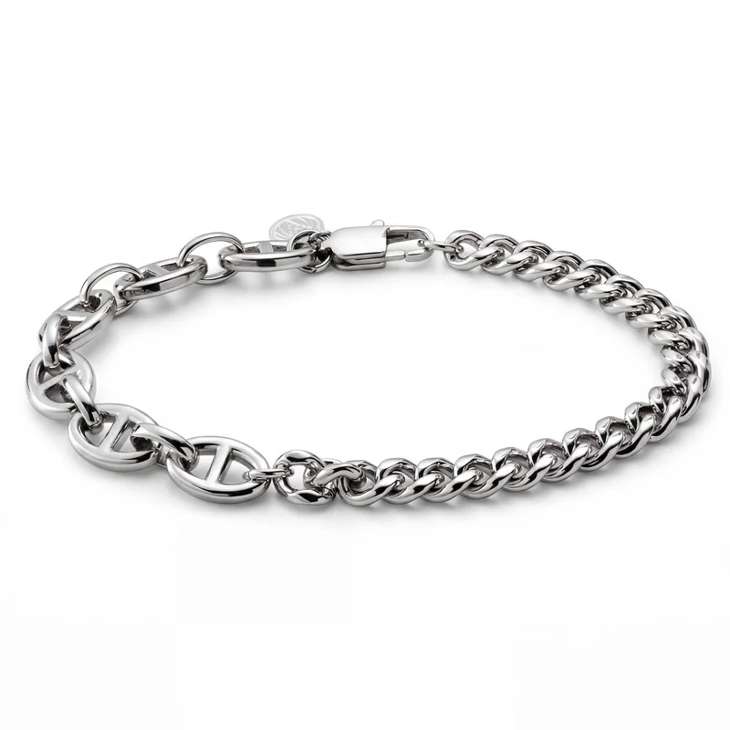 New Classics | 8mm Silver-Tone Stainless Steel Cuban & Pig Nose Chain Bracelet for Men - Chain Bracelets