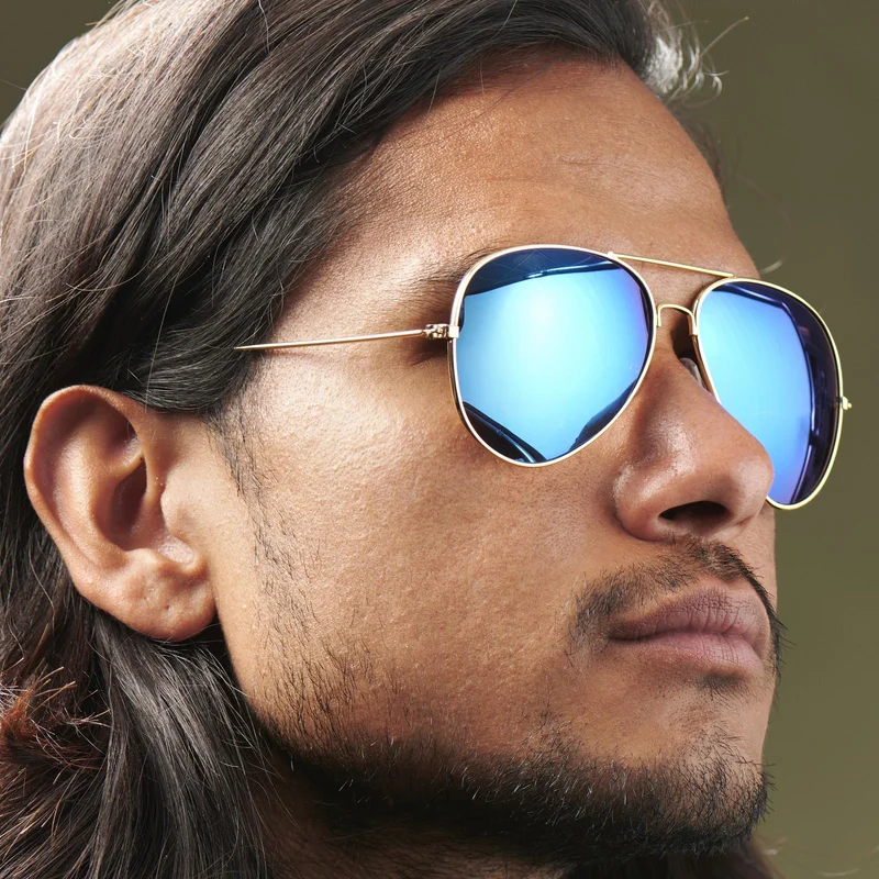 Occhiali da sole Aviator dorati con lenti blu per uomini - Occhiali da sole Aviator