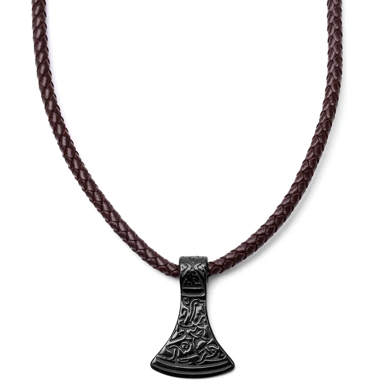 Rune Thor’s Axe Brown Leather Necklace for Men - Thor's hammer necklaces