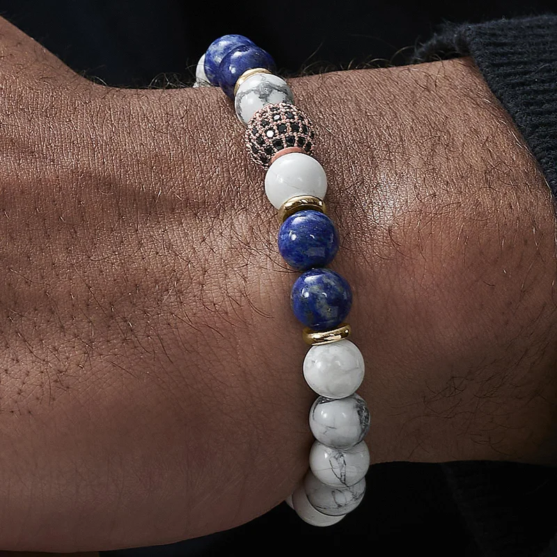 8 mm Armband van Witte Turquoise en Lapis Lazuli voor mannen - Kralenarmbanden