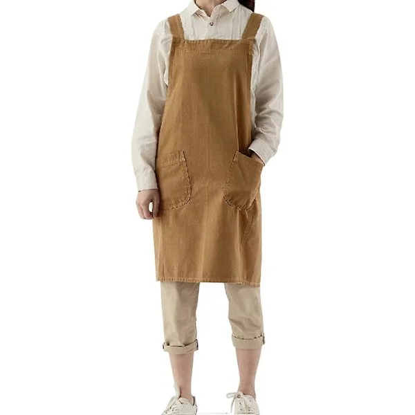 Japansk Bomullslinne Korsrygg Förkläde för Kvinnor med Fickor, Mode Pinafore Klänning för Trädgårdsarbete Måleri Rengöring Matlagning