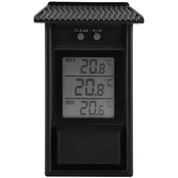 Svart digital termometer för inomhus- och utomhusbruk. Trådlös, vattentät, väggmonterad utomhustermometer. -20 till +50°C