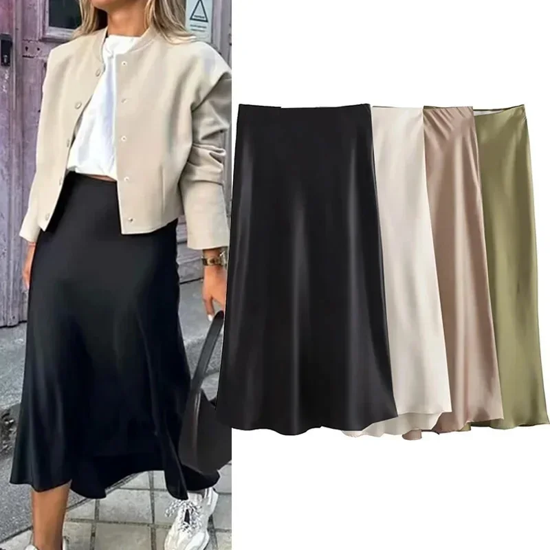 AliExpress - Willshela 2024 Zwart Satijnen Rok Vrouw Hoge Taille Elegante Lange Rokken Voor Vrouwen Mode Zomer Midi Rok Kantoor Vrouwen rokken
