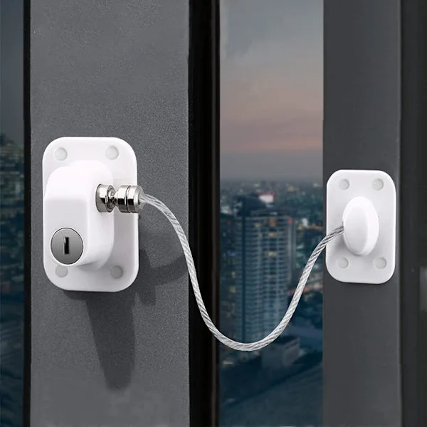 Vinduslås med selvklebende, 2-pakning, barnesikring for UPVC-vinduer, ingen boring, vinduslås med kabel og nøkkel, kjæledyrsikkert vindu