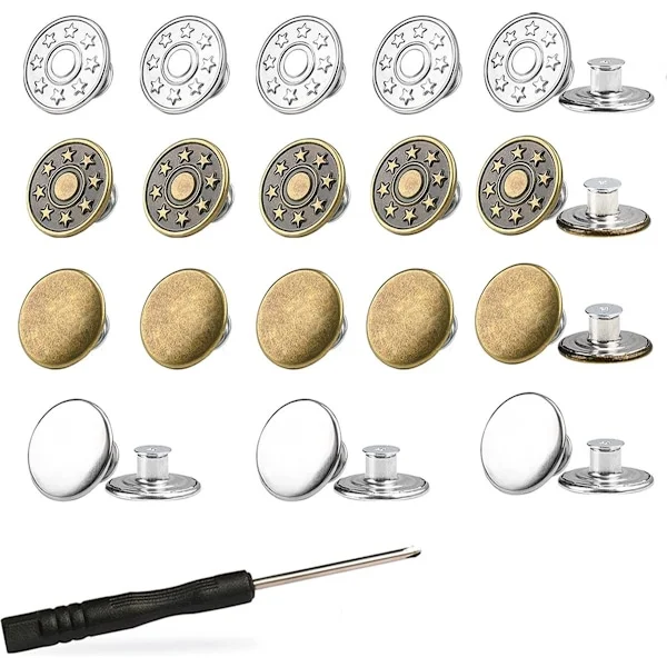 Jeansknapper, 24 stk., 17 mm, bronze og sølv, aftagelige skruegevindnitter til denimjakker