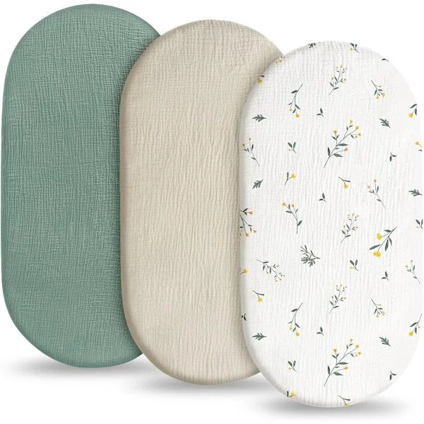 (SC) Bomullsmuslin Laken til Babyseng - 3-pakning Universelle Laken til Bæresele - Tøyelig Babynest Laken til Barnevogn 80x40cm Grønn