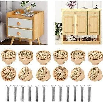 Wooden Rattan Knobs, Handmade Rattan Knobs, Bohemian Woven Round Decorative Handles, 12-Pack Wooden Furniture Knobs for Drawers, Dresser, Cabinet