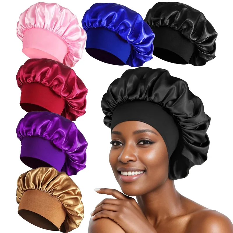 AliExpress - Bonnet de cheveux en Satin pour dormir, Bonnets en soie pour femmes noires avec bande souple élastique pour les soins capillaires