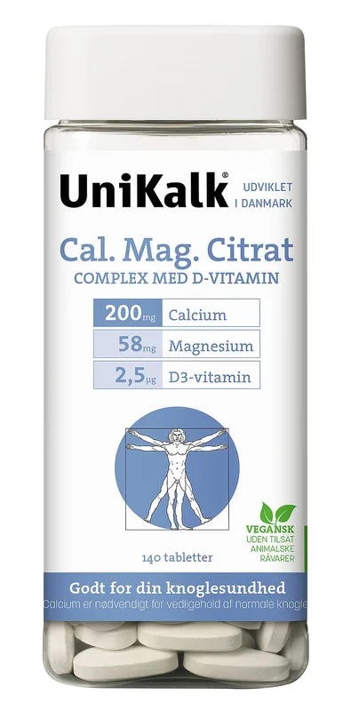 Spar 20% • Køb 2, Unikalk Cal. Mag Citrat - Kalk 200 mg, Magnesium 58 mg og D-vitamin 2,5 μg 140 stk, Helse & Madvarer, Vitaminer, D-vitamin