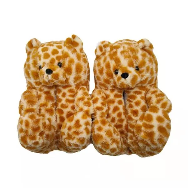 Faux fur slippers with teddy bear - leopard color for women and f