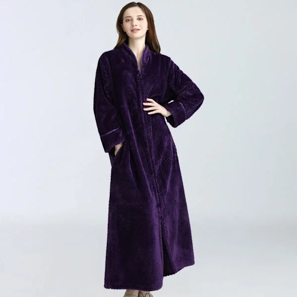 Naisten vetoketjullinen aamutakki, flanellifleece-aamutakit, lämmin kotitakki talveen, yöpaita, violetti, M_OF Purple M Purple