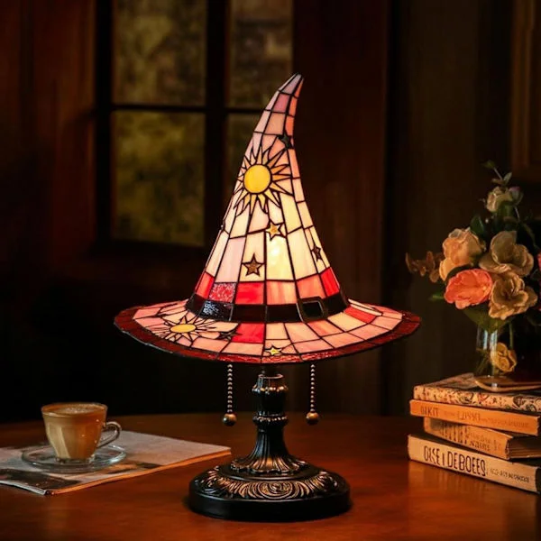 Witch Hat Lamp, Stained Glass Witch Hat Lamp, Handmade Gothic Wizard Shaped Lamp, Full of Mysterious Charm (Red). red
