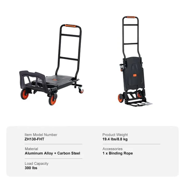 Fällbar Handtruck, Aluminiumlegering, Sammanläggbar Design, 300 lbs Svart