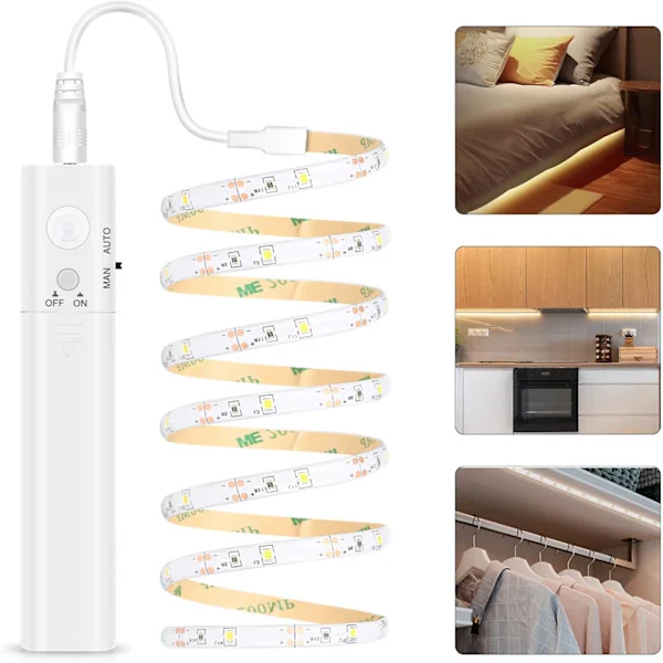LED-list med rörelsesensor, 1M/2M/3M LED-list för garderob, batteridriven nattlampa, 3500K varmvit list för barnrum, sovrum, kök