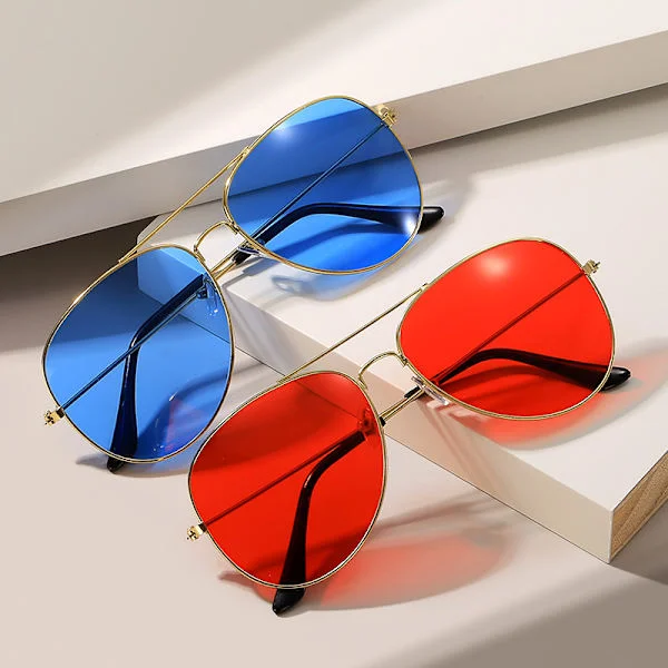 2-pak Aviator solbriller, UV-beskyttelse, farvede glas, metalstel, unisex (rød/blå)