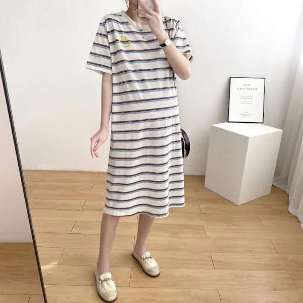 T-shirt kjole casual medium længde moderigtig graviditetskjole kort ærme løs pasform enkel stribet print blå hvid XL
