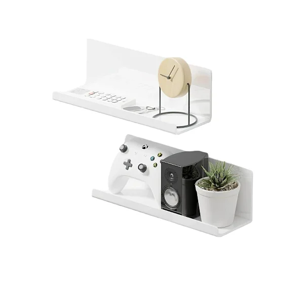 Acrylic Floating Wall Shelf Set of 2 - No Drilling, Self-Adhesive Mounting Shelves for Decoration and Storage White White