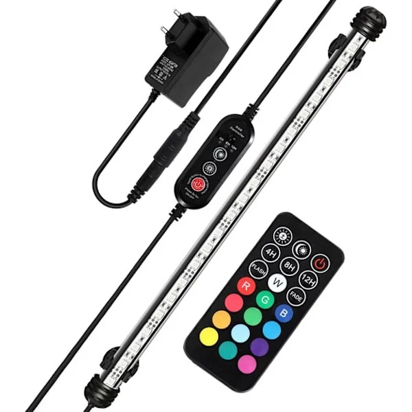 5.4W akvarie LED-lys, 48.5 cm RGB-strip, farvejusterbar via fjernbetjening, IP67-klassificeret, med timer og solopgang/solnedgangsfunktioner