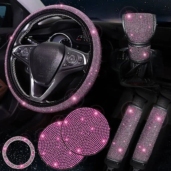 7 kpl Pinkki Bling Autotarvikesetti Naisille Tytöille, pinkki Timantti Ohjauspyörän Suojussetti 15 tuumaa, Turvavyön Pehmuste, Vaihdekepin Suojus, 