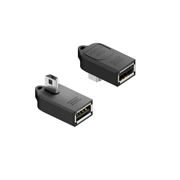 Vänster-vinklad mini-USB hane till USB-A hona OTG-adapter (4-pack), USB 2.0 480Mbps, nyckelring, ABS, svart, för telefoner, surfplattor och bil-OTG-en