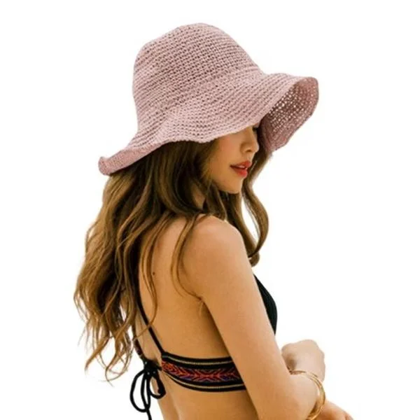 Sammenfoldelig stråhat til kvinder, sammenfoldelig bred stråhat - sommer & strand, damesolhat til sommeren 57-59 cm rosa