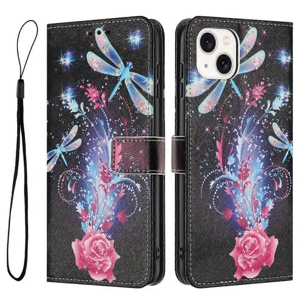 YX-2501 Plånboksfodral för iPhone 15 Plus/ 14 Plus Mönstertryck PU Läder Telefonskal med Snodd
