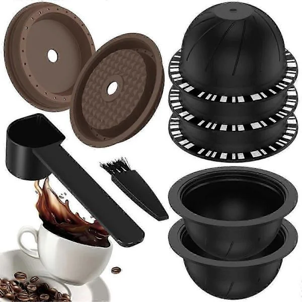 5 stk. Gjenbrukbare Vertuo-kapsler for Nespresso-maskin, Kaffekapsel med 2 silikonlokk, 1 skje og børste