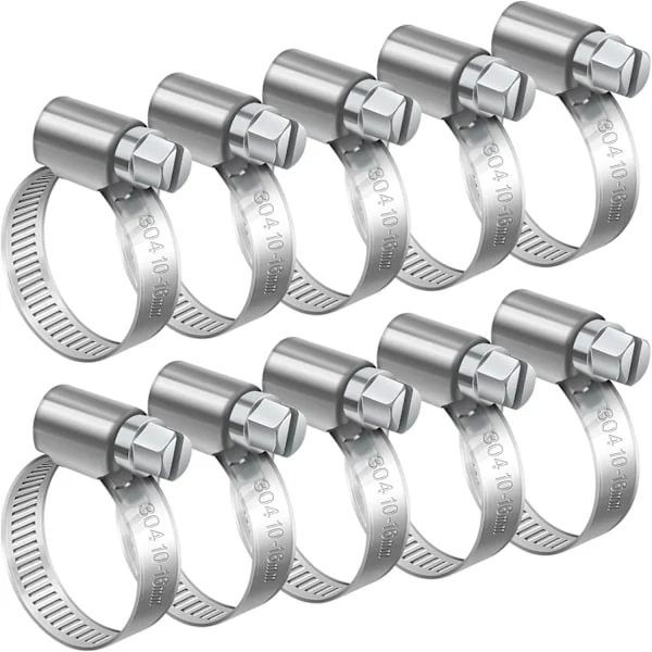 10 stk 10, 16 mm justerbar slangeklemme, 304 rustfritt stål slangeklemme, metall slangeklemme for rørleggerarbeid, svømmebasseng