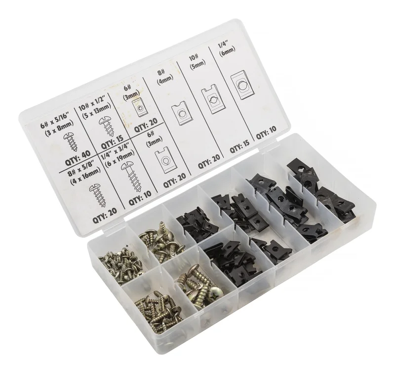 PELA 508673 U-clips sett med plateskruer, 170 deler, Innfesting