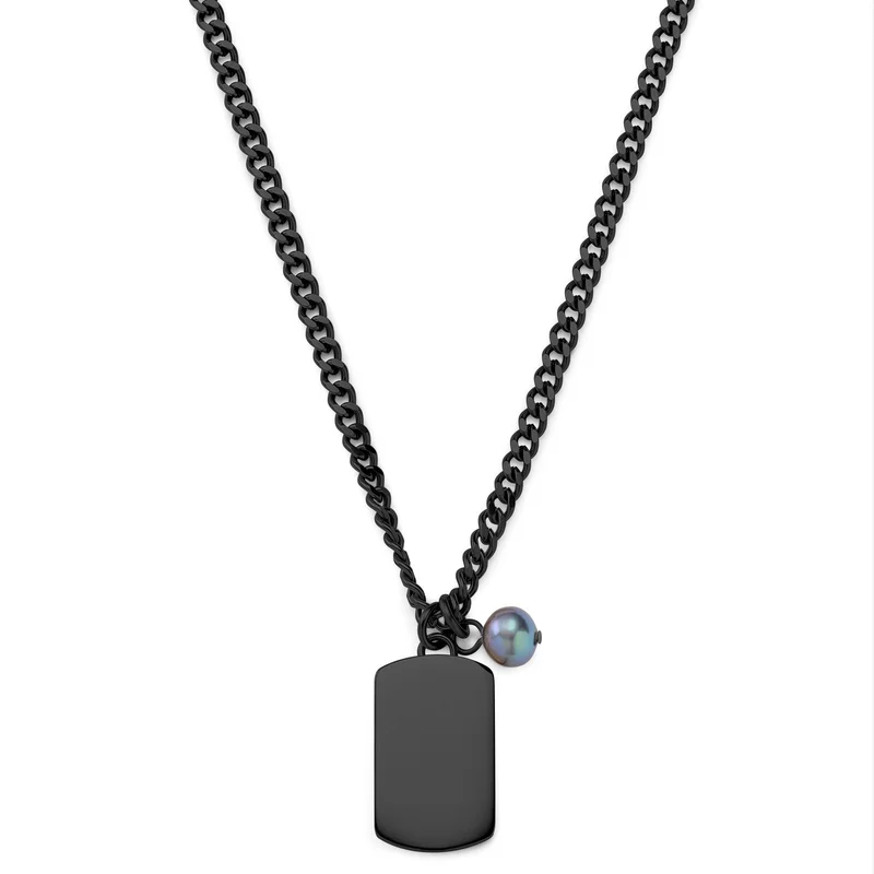 Ocata | Svart Halsband med ID-bricka & Svart Pärla för män - Stålhalsband