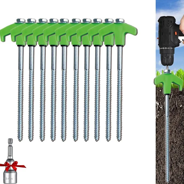8" Tent Screw Anchors - Ground Anchor Screws, Tent Pegs Camping Stakes, 10 Pcs Threaded Metal Tent Spikes with 1 Hex Head (Green)
