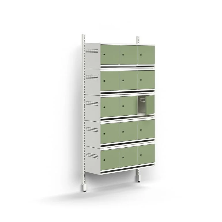 Shoe cabinet ENTRY, basic wall unit, 15 metal doors, 1800x900x300 mm, white/light green