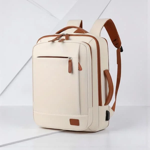 Women's Laptop Backpack with USB Charging Port, 24L Travel and Work Bag with Laptop Compartment and Wet-Dry Pocket, Beige