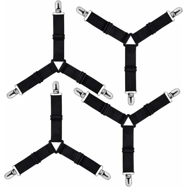 Triangulär justerbar lakanssträckare, fästrem för sängkläder, lakan, strykbrädesöverdrag, madrass, soffa (svart, 4-pack)