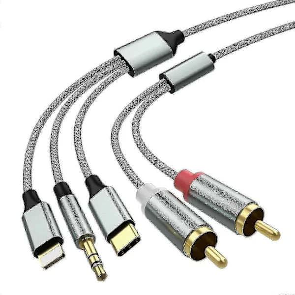 2025 Lightning til RCA-kabel Audio Aux-adapter, RCA til 3,5 mm kabel USB C til 2 RCA-lydkabel, 3 i 1 lydkabel for bil, hjemmekino, høyttaler og mer