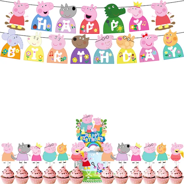Peppa Pig tema børnefødselsdag dekorationstilbehør lyserød gris ballon flag kagepynt sæt