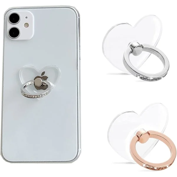 Transparent Mobiltelefon Ringholder, 2 stk. Telefonstativ, 360 Graders Rotation Hjerte med Diamant Telefon Ring Støtteholder