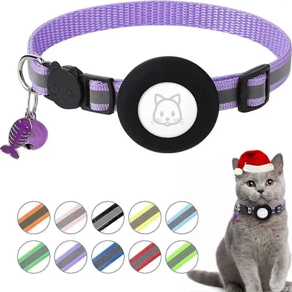 Justerbart Airtag-halsband för katt GPS Reflekterande halsband med Airtag-hållare Säkerhetsspänne och klocka & fiskbenshänge