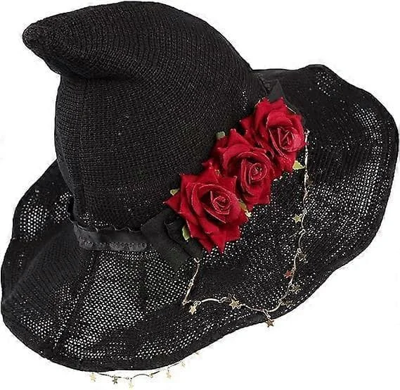 Mørk Gotisk Sort Strikket Heksehat med Rose til Kvinder og Piger Bredskygget Spids Moderne Troldmandshat til Halloween (Heksehat med Rød Rose)