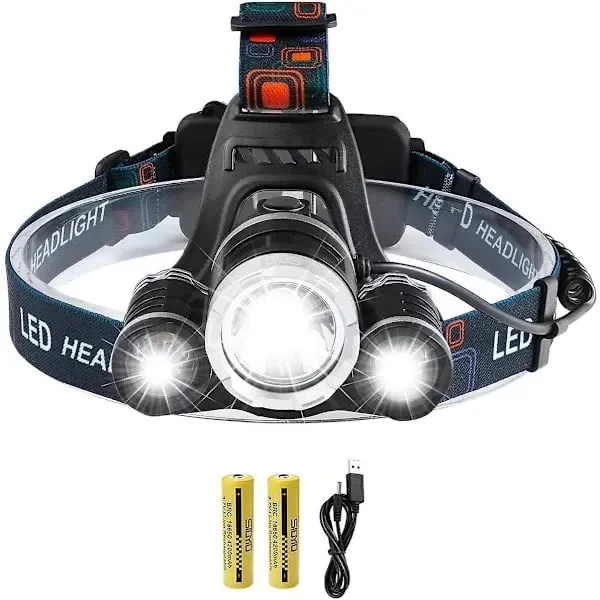 【YD】Oppladbar LED-hodelykt, 5000 lumen hodelykt, supersterk T6 LED-hodelykt, vanntett hodelykt med 2 batterier, USB-ladekabel for ca.