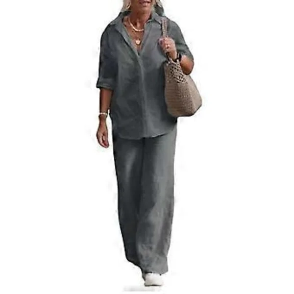 1 Set Trendiga Dam Casual Skjorta Byxor Kläder Plus Size Bomull Linne Topp Vida Ben Byxor Lösa Outfits Pendling (2XL grå)
