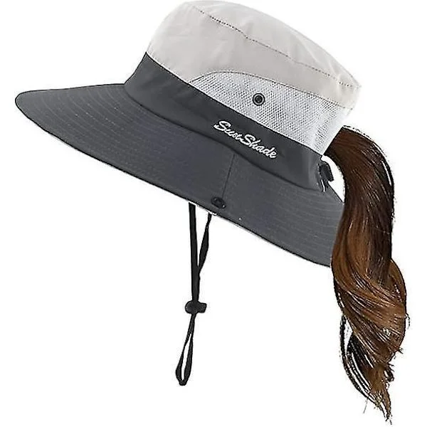 Womens Summer Sun Hat Wide Brim Outdoor Uv Protection Hat Foldable Ponytail Bucket Cap For Beach Fishing Hiking