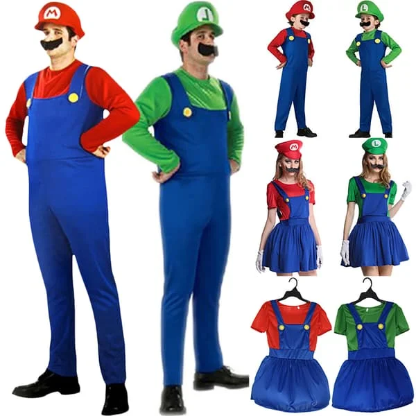 Super Mario Luigi Bros Plumber Cosplay Kids Adults Masquerade Costume Halloween Party Performance Costume Boys-Green Boys-Green M