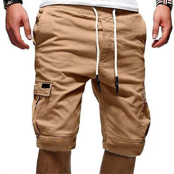 Men's Cargo Shorts, Elastic Waist with Drawstring, Cotton, Casual Outdoor Shorts with Multiple Pockets - Khaki XXXL