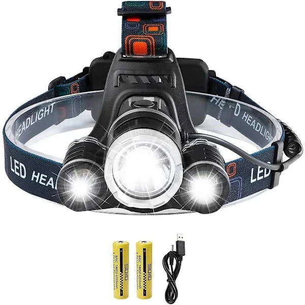 Ladattava LED-otsalamppu, 5000 lumenin otsalamppu, superkirkas T6 LED-otsalamppu, vedenpitävä otsalamppu 2 akulla, USB-latauskaapeli n.